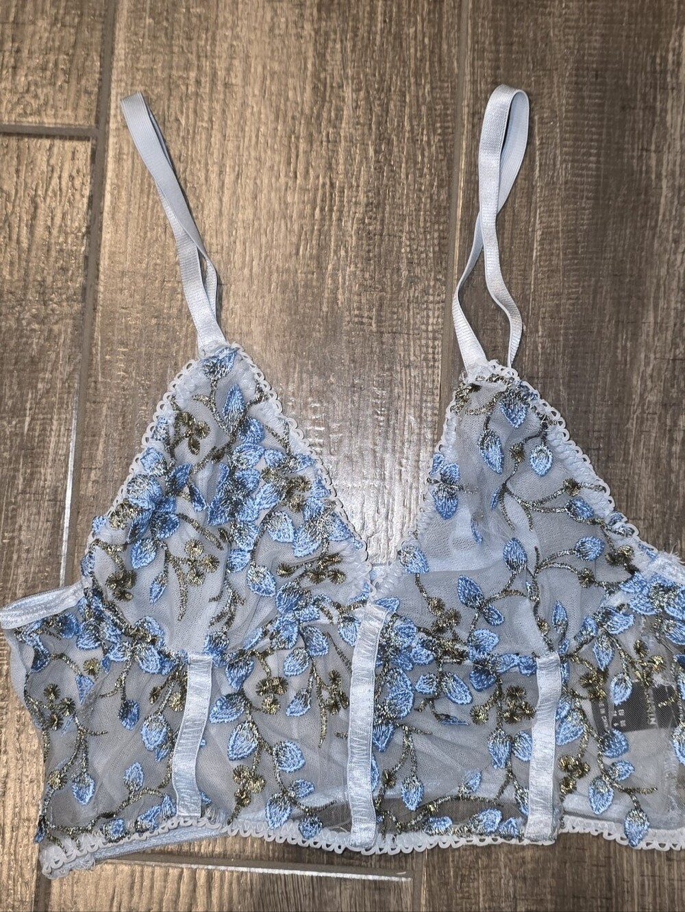SHEIN Blue Sheer Bralette with Blue Floral Embroidery